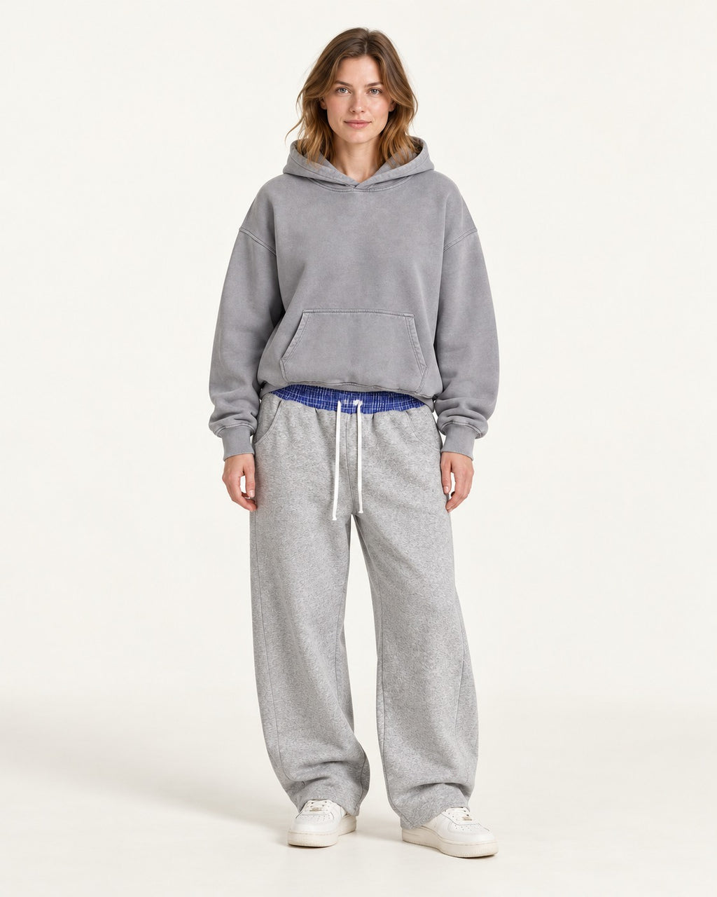 Boyfriend Hoodie & Plaid Sweatpants Set — Gray