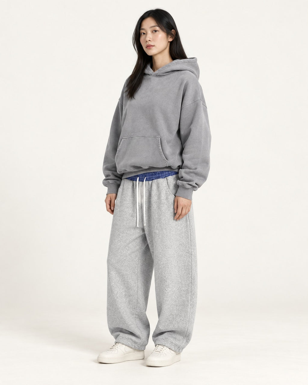 Boyfriend Hoodie & Plaid Sweatpants Set — Gray