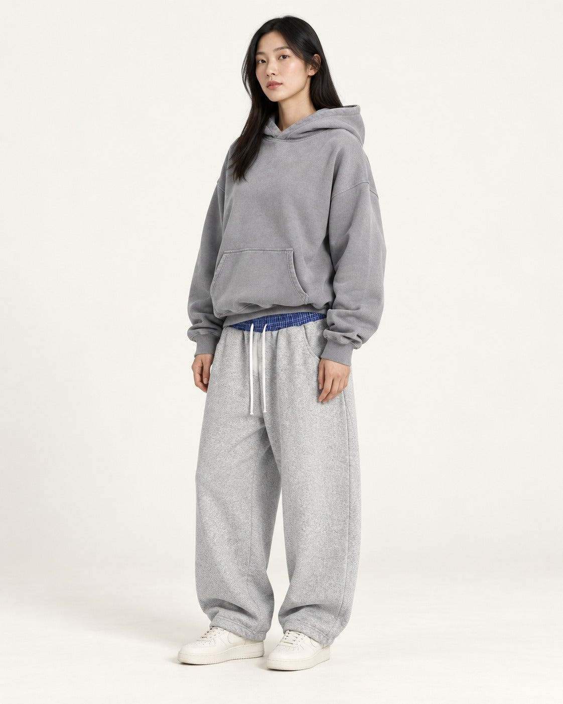 Boyfriend Hoodie & Plaid Sweatpants Set — Gray