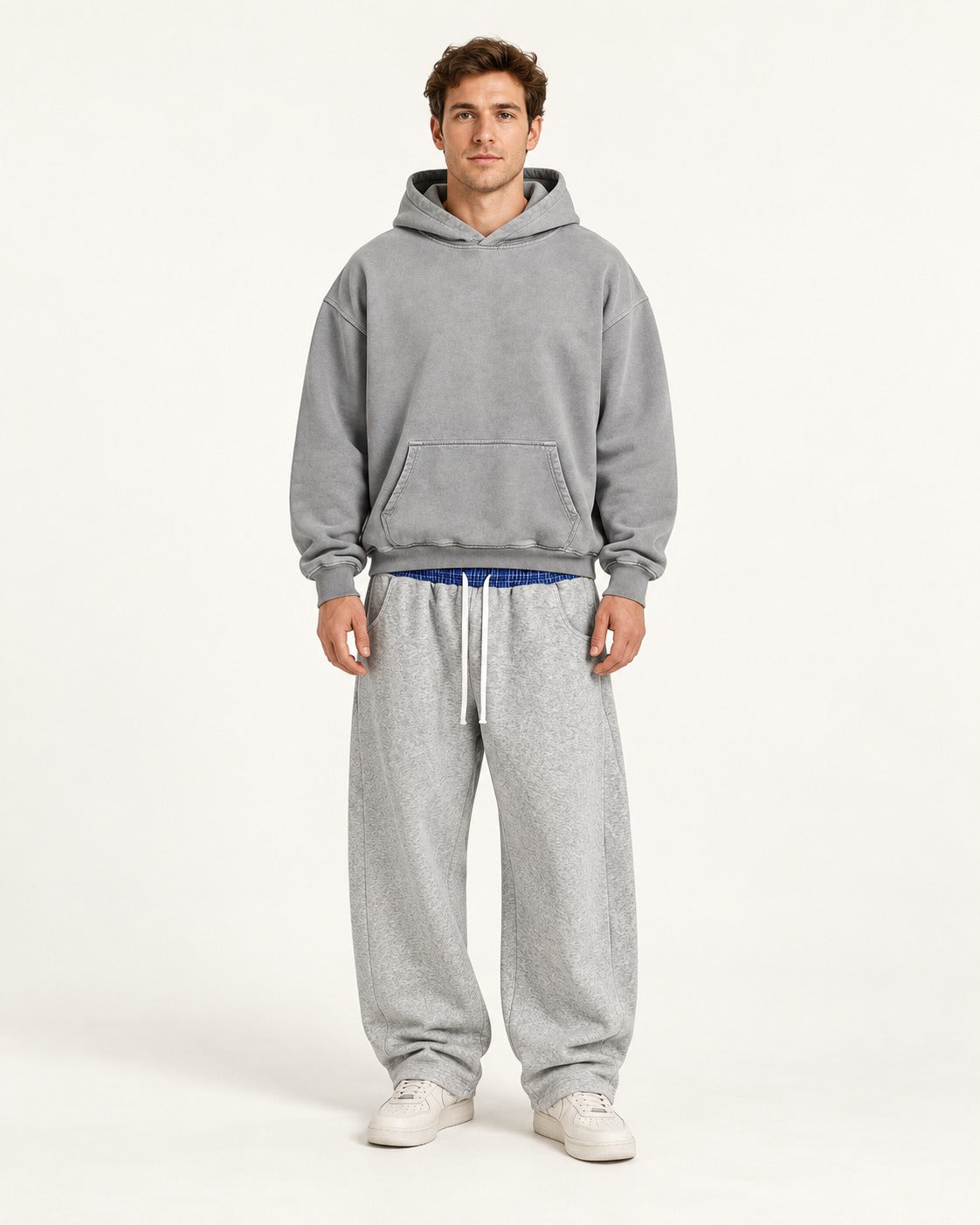 Boyfriend Hoodie & Plaid Sweatpants Set — Gray