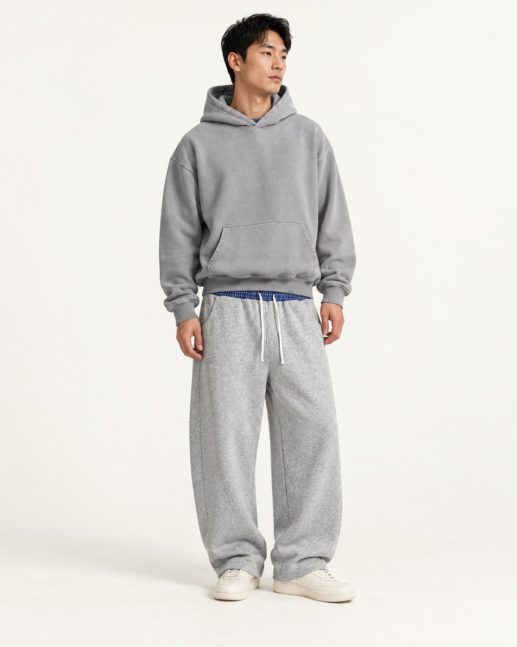 Boyfriend Hoodie & Plaid Sweatpants Set — Gray