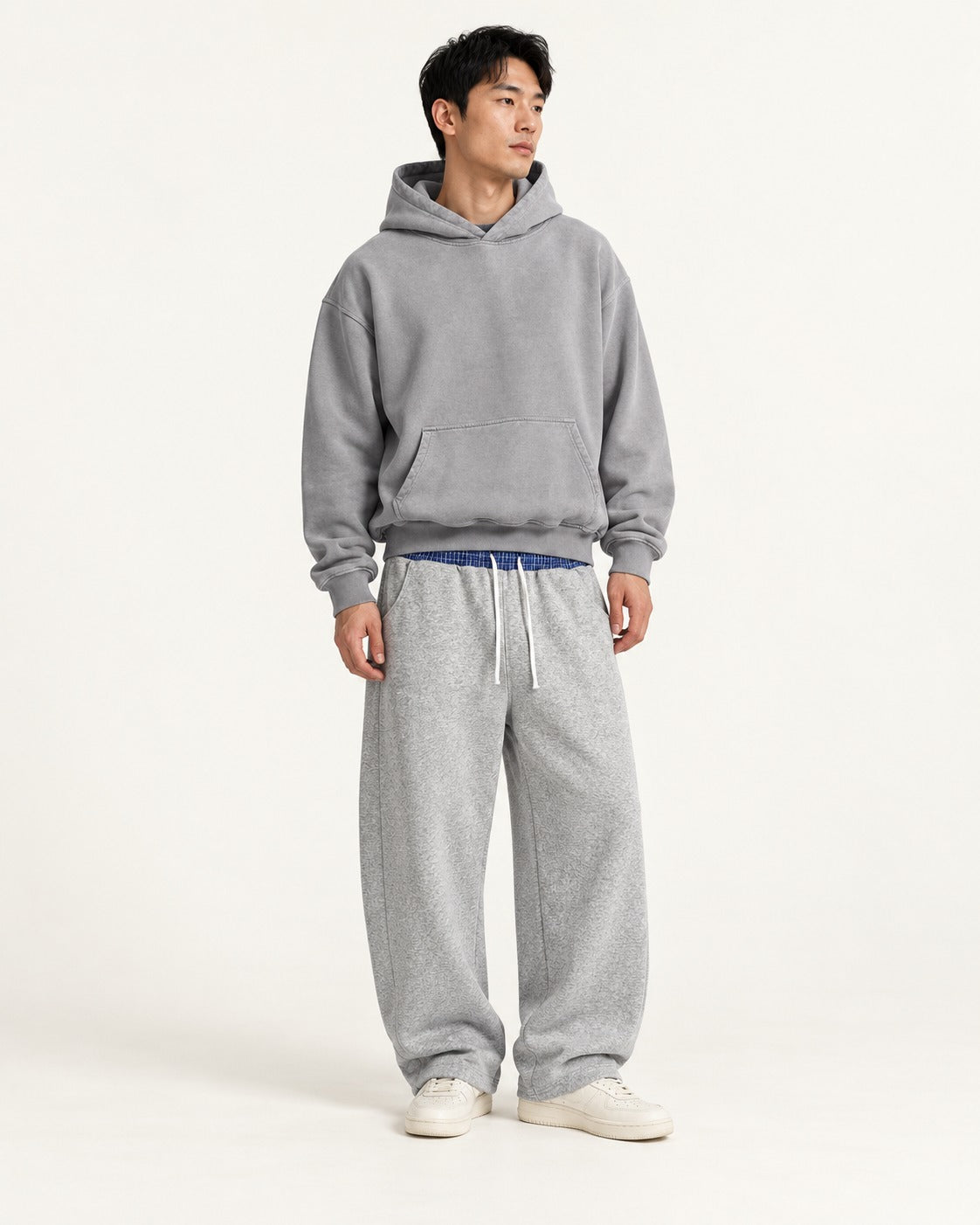 Boyfriend Hoodie & Plaid Sweatpants Set — Gray