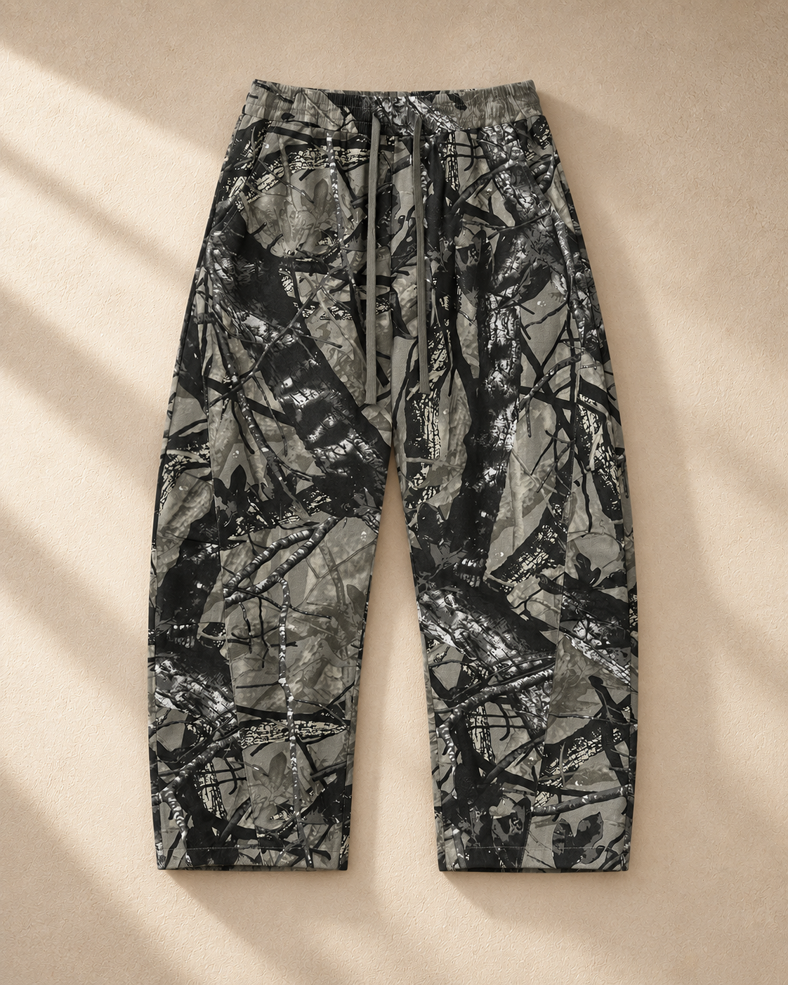 Tree Camo Barrel Pant in Gray Tree Camo, front: 340 gsm woven cotton in an all-over tree camo
