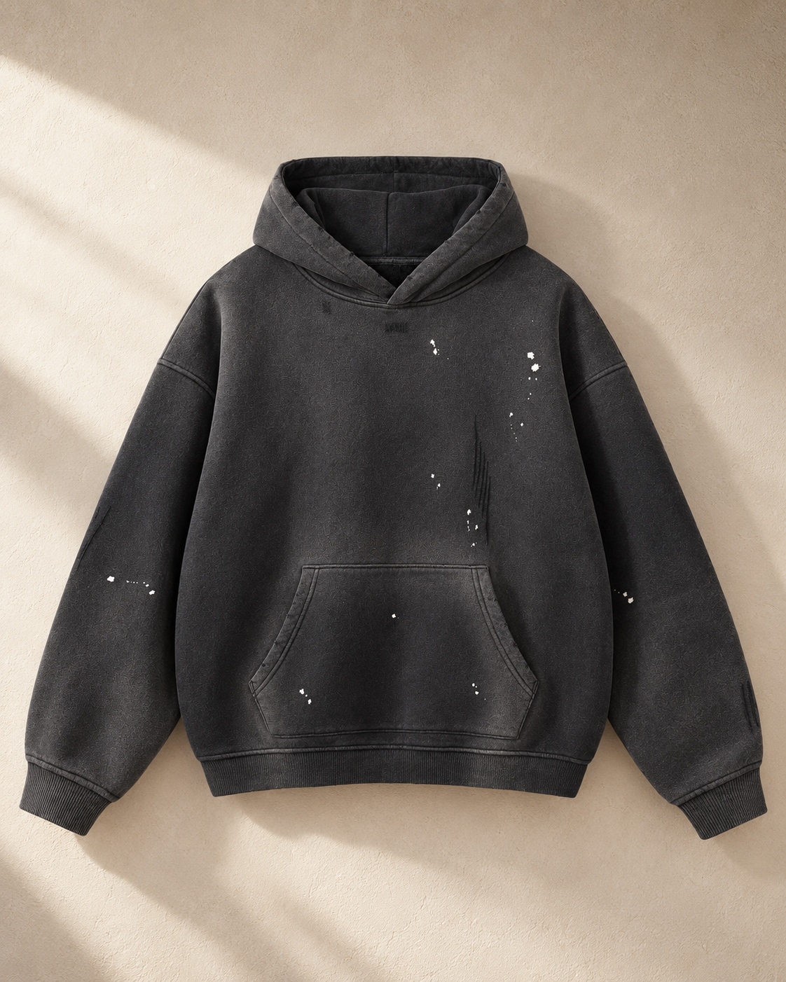 Home & Away Frayed Hoodie in Black, front: 360 gsm fleece with a vintage wash and distressed detailing