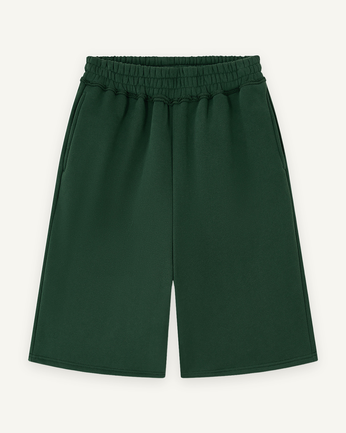 Home & Away Raw Edge Short in Dark Green, front: 345 gsm brushed fleece with a raw edge waistband