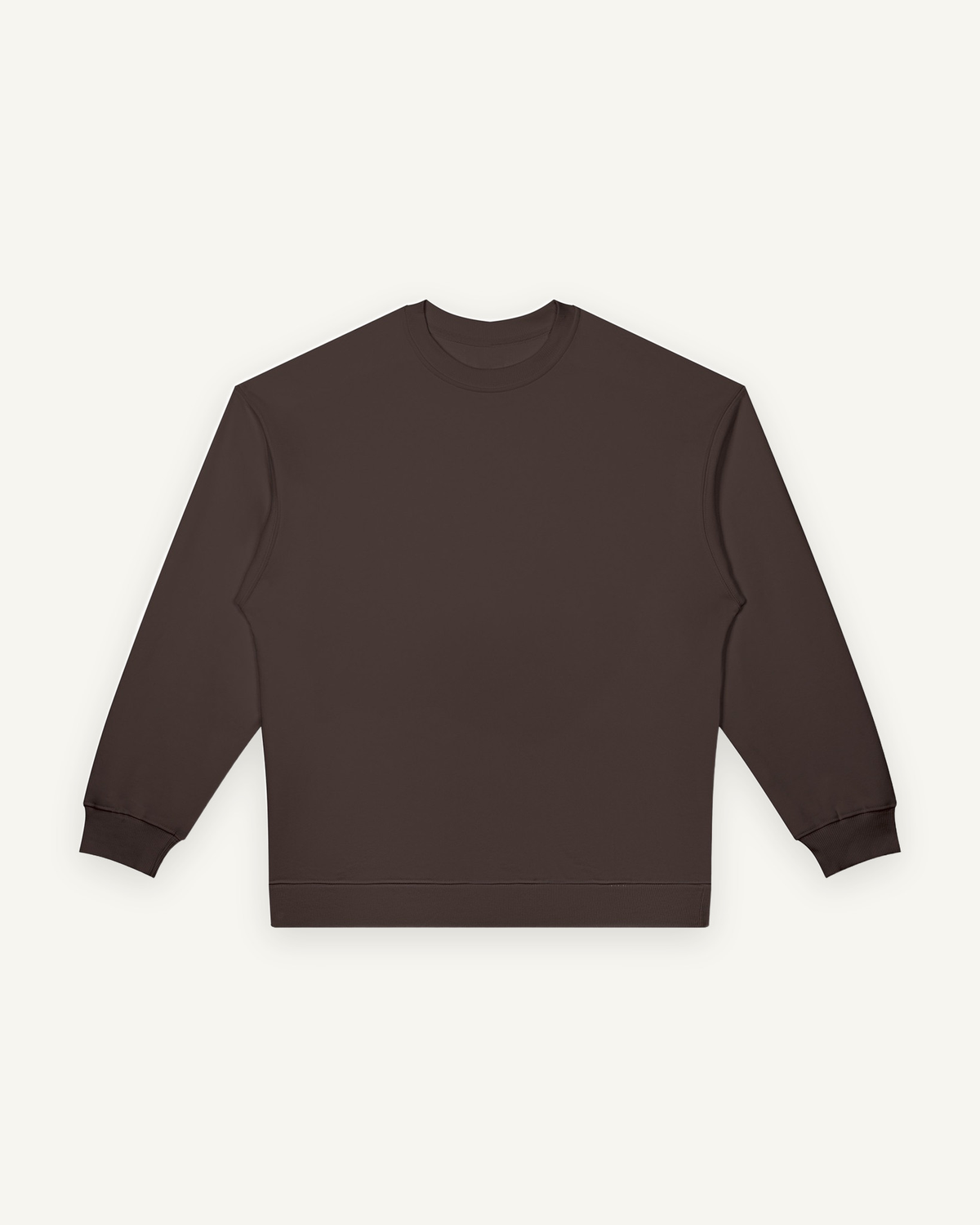 Home & Away Crewneck in Dark Brown, front: 380 gsm cotton-blend fleece with ribbed collar, cuffs and hem