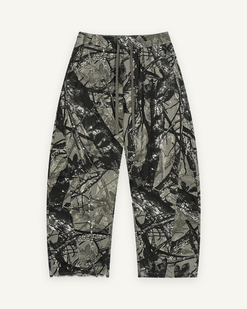 Tree Camo Barrel Pant in Gray Tree Camo, front: 340 gsm woven cotton in an all-over tree camo