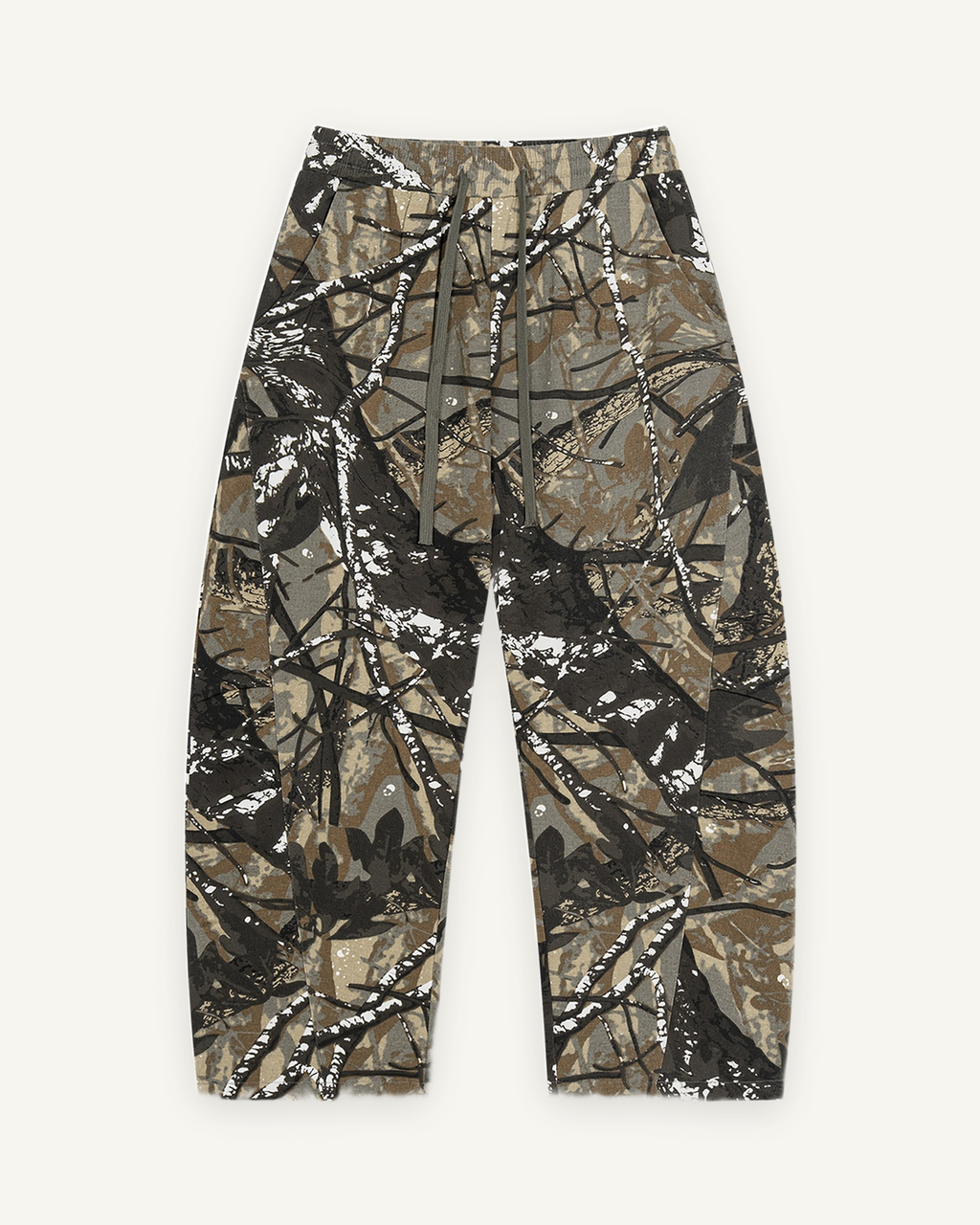 Tree Camo Barrel Pant in Brown Tree Camo, front: 340 gsm woven cotton in an all-over tree camo