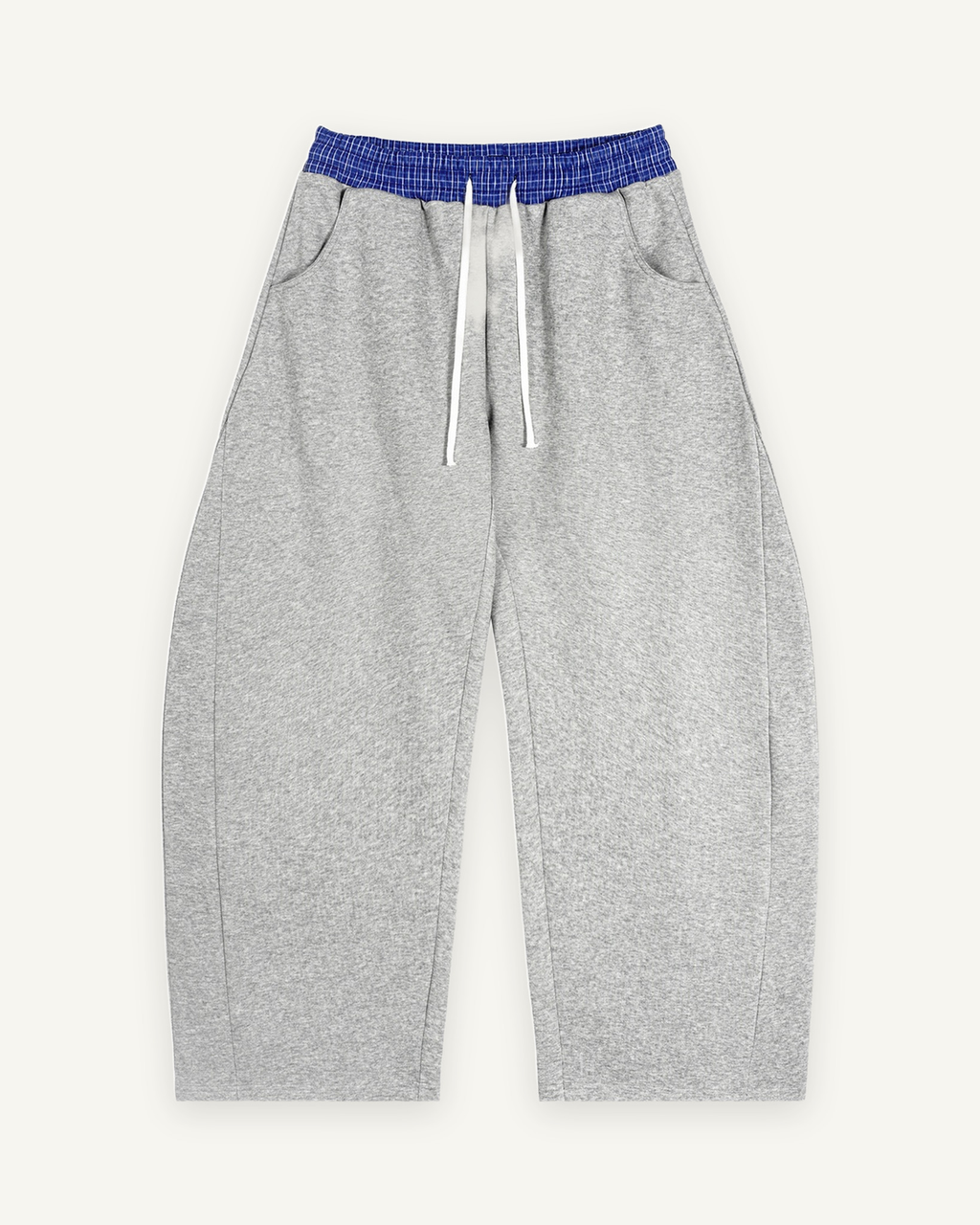 Home & Away Plaid Barrel Sweatpant in Flower Gray, front: 350 gsm knit with a woven plaid waistband and a true barrel leg