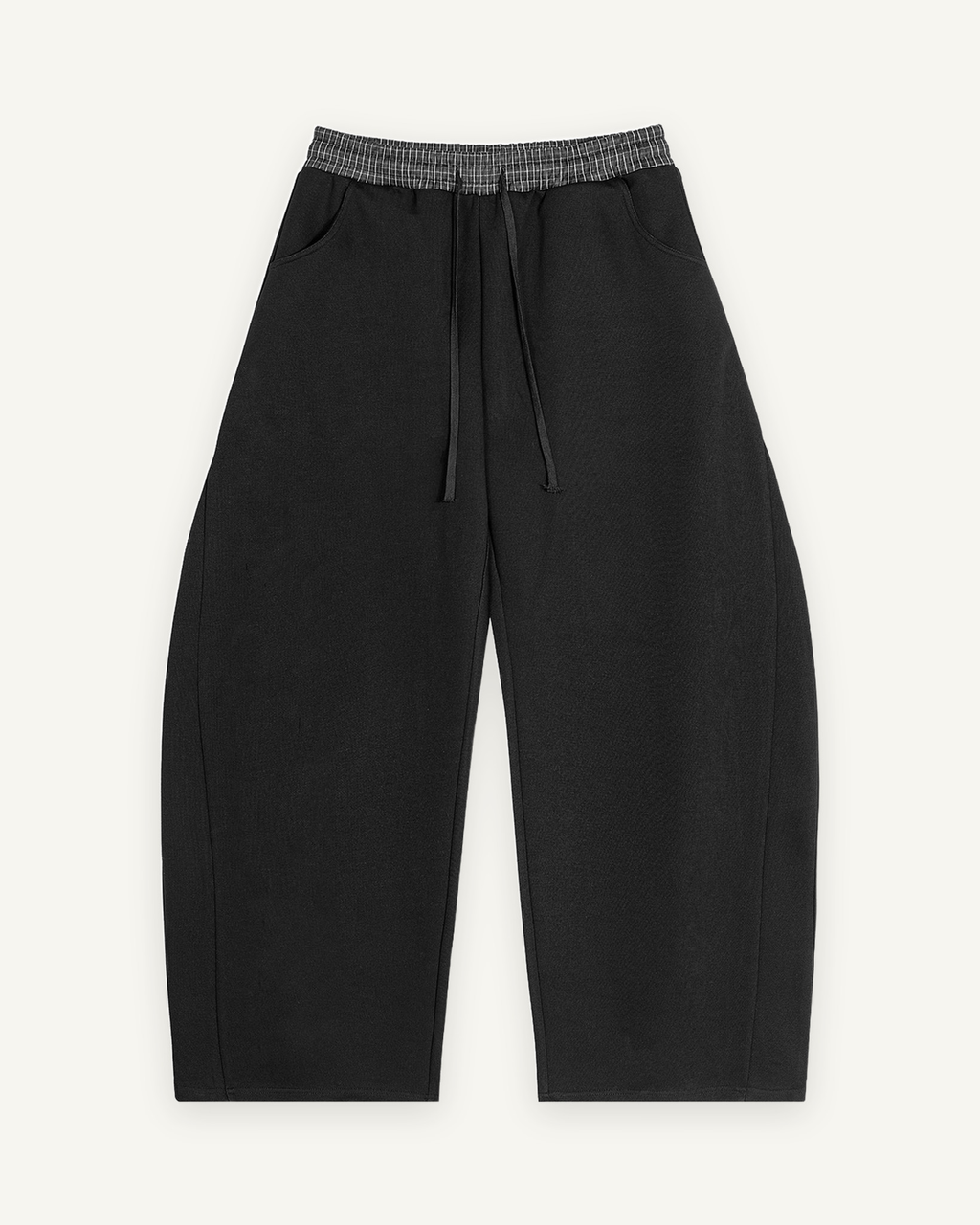 Home & Away Plaid Barrel Sweatpant in Black, front: 350 gsm knit with a woven plaid waistband and a true barrel leg
