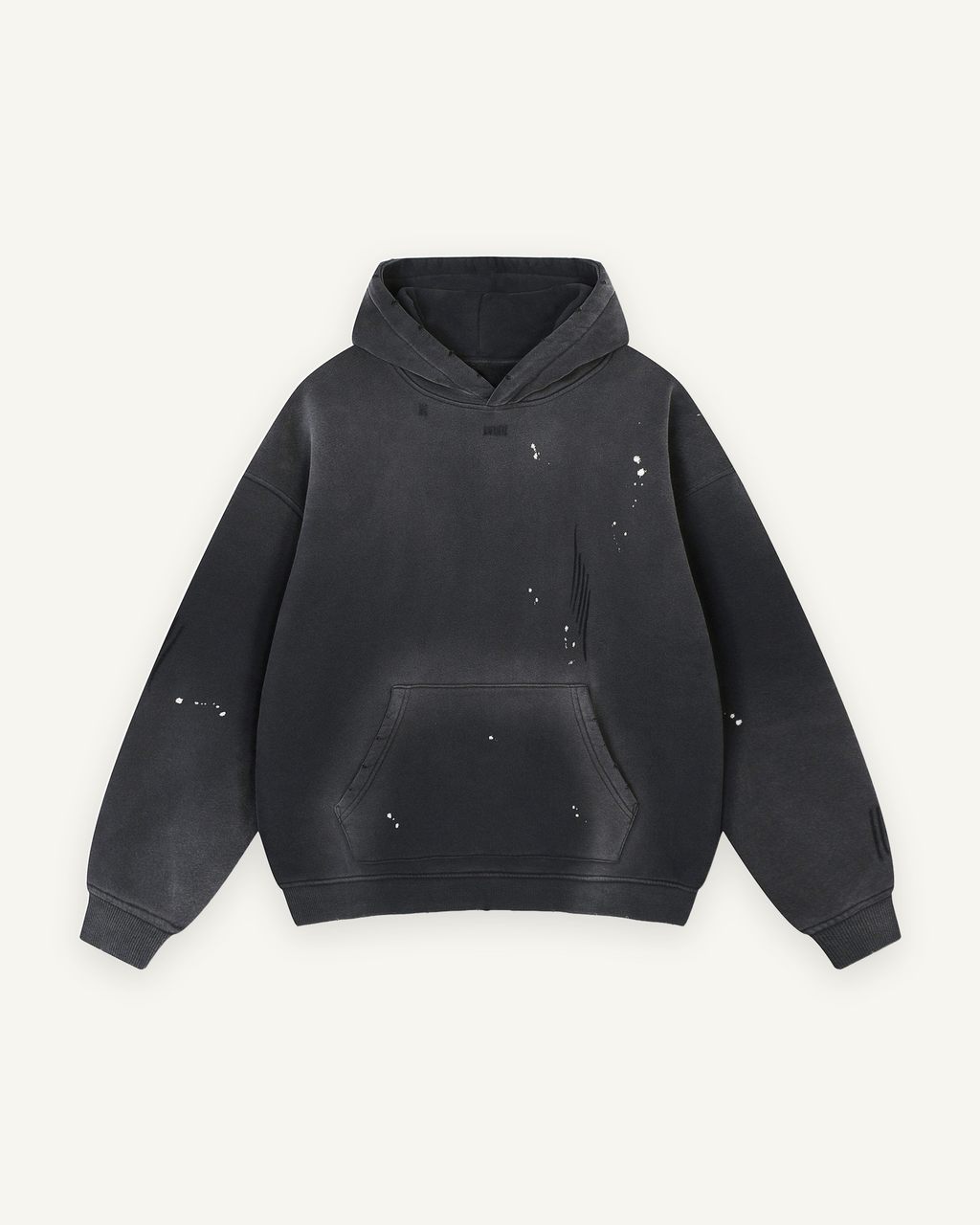 Home & Away Frayed Hoodie in Black, front: 360 gsm fleece with a vintage wash and distressed detailing