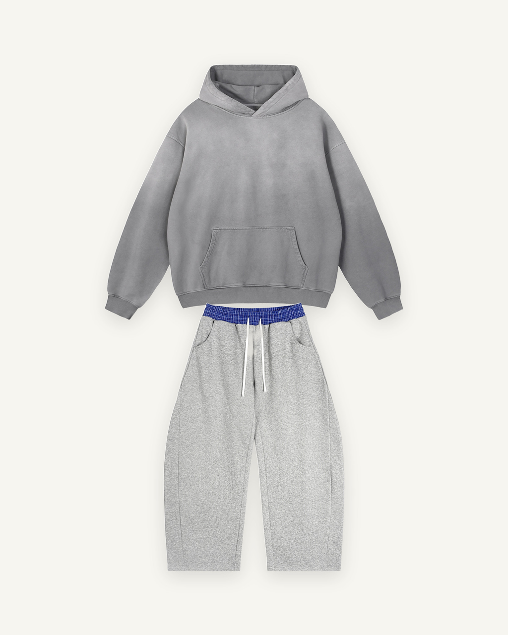 Home & Away Set - Gray: the 400 gsm Boyfriend Hoodie in Gray stacked above the 350 gsm Plaid Barrel Sweatpant in Flower Gray
