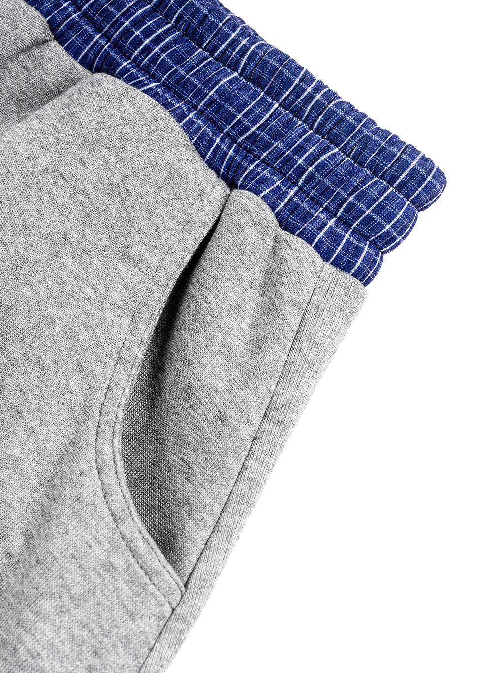 Home & Away Plaid Barrel Sweatpant in Flower Gray, construction detail, supplier photograph of the garment
